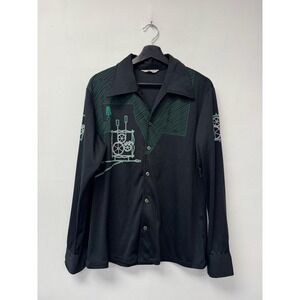 Vintage D'gala Florida Shirt Medium‎ Black Graphic Print Button Front 70s Disco